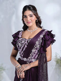 Dignified Deep Purple Ready To Wear Crepe Satin Silk Saree - women's fashion mart