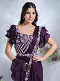 Dignified Deep Purple Ready To Wear Crepe Satin Silk Saree - women's fashion mart