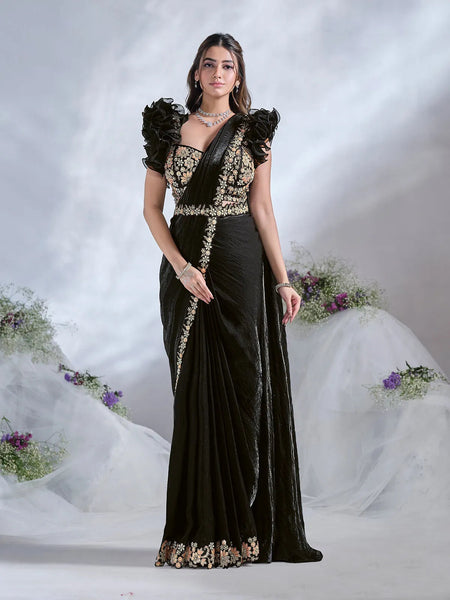 Dazzling Black Ready To Wear To Tone Satin Silk Saree - women's fashion mart