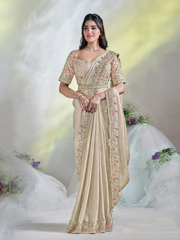 Bewitching Beige Ready To Wear To Tone Satin Silk Saree - women's fashion mart