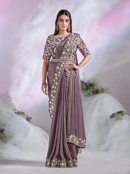 Luxurious Lavender Ready To Wear Crepe Satin Silk Saree - women's fashion mart