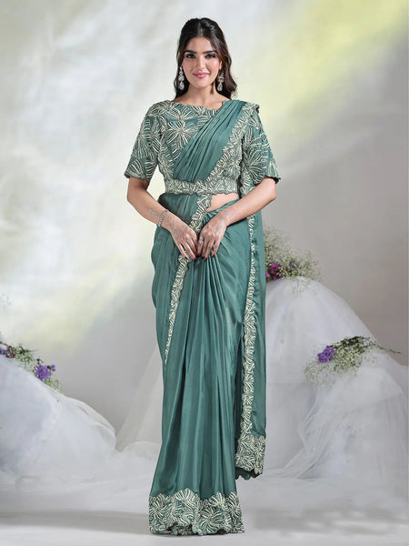 Amazing Aqua Blue Ready To Wear Crepe Satin Silk Saree - women's fashion mart