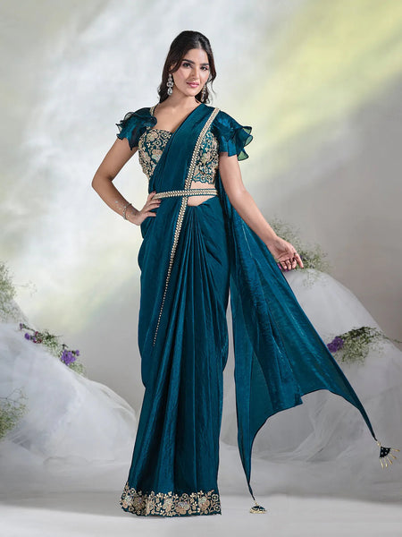 Stunning Teal Blue Ready To Wear To Tone Satin Silk Saree - women's fashion mart
