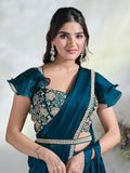 Stunning Teal Blue Ready To Wear To Tone Satin Silk Saree - women's fashion mart