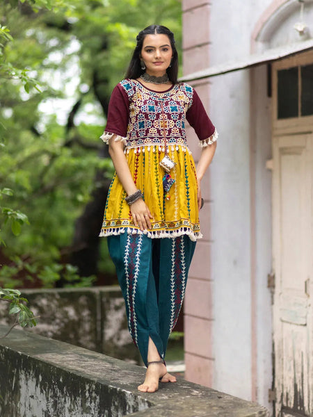 Wine and Yellow Embroidered  Kedia Set for Navratri - women's fashion mart