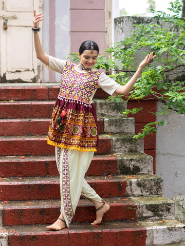 Off-White and Wine Embroidered  Kedia Set for Navratri - women's fashion mart
