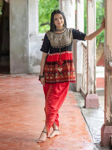 Black and Red Embroidered  Kedia Set for Navratri - women's fashion mart