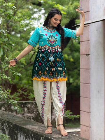 Sky Blue Embroidered  Kedia Set for Navratri - women's fashion mart
