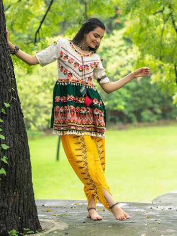 Off-White and  Green Embroidered  Kedia Set for Navratri - women's fashion mart