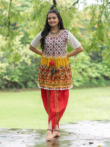 Off-White and Yellow Embroidered  Kedia Set for Navratri - women's fashion mart