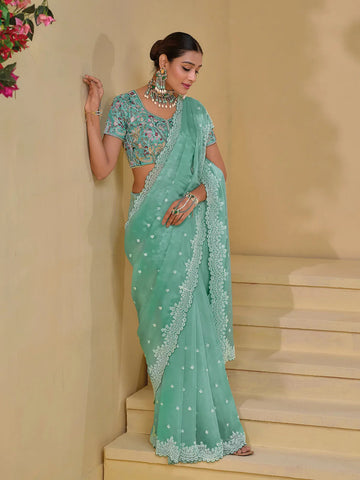 Splendid Sea Green Banarasi Silk Embroidered Saree - women's fashion mart