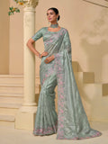 Phenomenal Pista Shine Silk Embroidered Saree - women's fashion mart