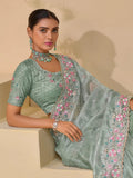 Phenomenal Pista Shine Silk Embroidered Saree - women's fashion mart
