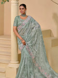 Phenomenal Pista Shine Silk Embroidered Saree - women's fashion mart