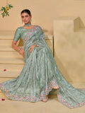 Phenomenal Pista Shine Silk Embroidered Saree - women's fashion mart