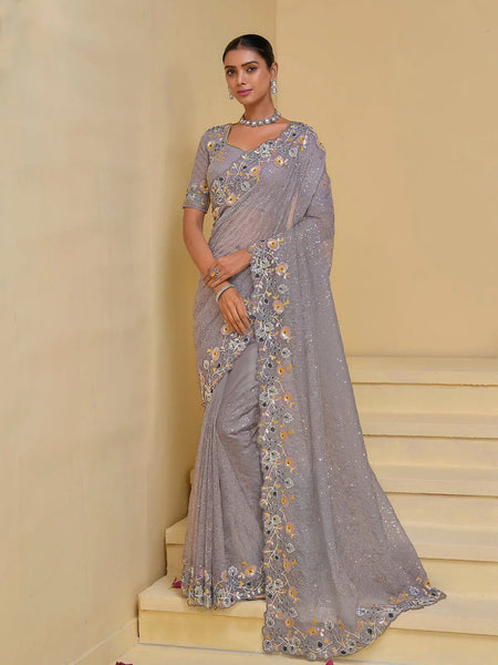 Graceful Grey Banarasi Silk Embroidered Saree - women's fashion mart