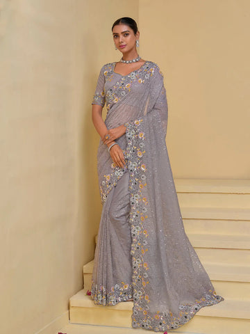 Graceful Grey Banarasi Silk Embroidered Saree - women's fashion mart