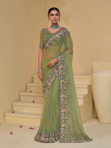 Passionate Pista Banarasi Silk Embroidered Sare - women's fashion mart