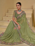 Passionate Pista Banarasi Silk Embroidered Sare - women's fashion mart