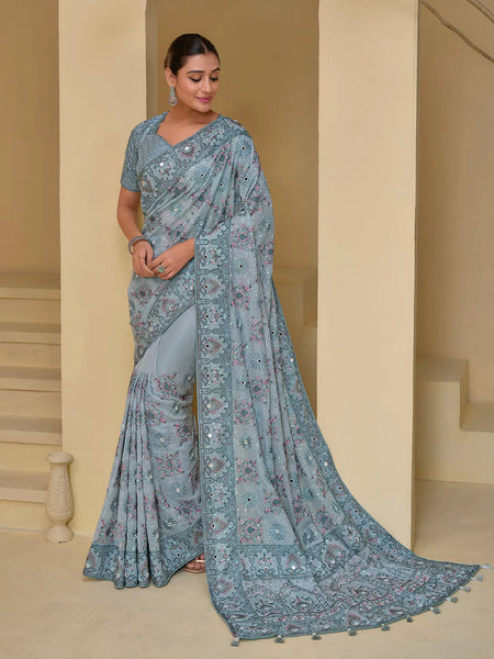 Luxurious Grey Banarasi Silk Embroidered Saree - women's fashion mart