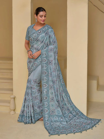 Luxurious Grey Banarasi Silk Embroidered Saree - women's fashion mart