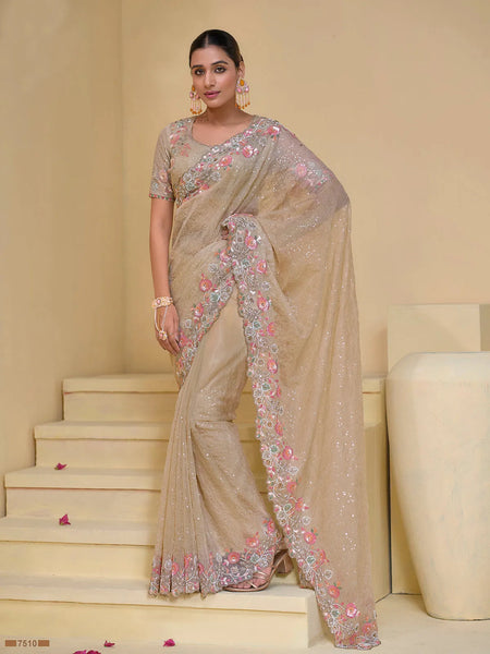 Captivating Cream Banarasi Silk Embroidered Saree - women's fashion mart