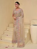 Captivating Cream Banarasi Silk Embroidered Saree - women's fashion mart