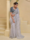 Enchanting Grey Shine Silk Embroidered Saree - women's fashion mart