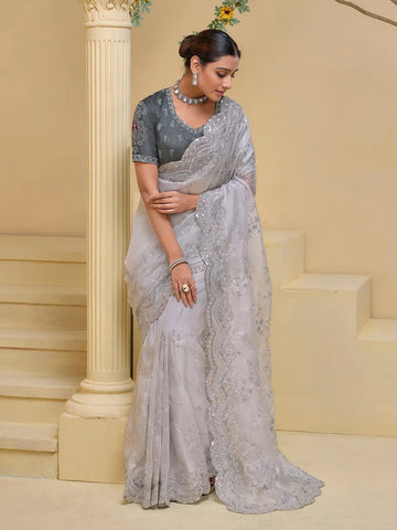 Enchanting Grey Shine Silk Embroidered Saree - women's fashion mart