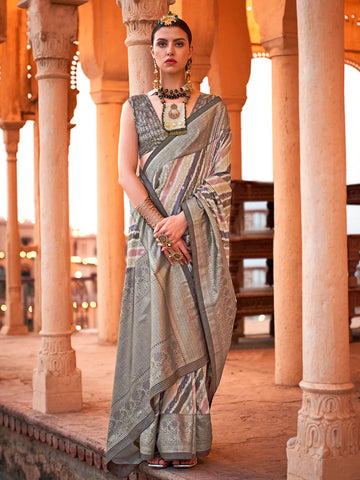 Gorgeous Silver Grey Viscose Silk Printed Saree - women's fashion mart