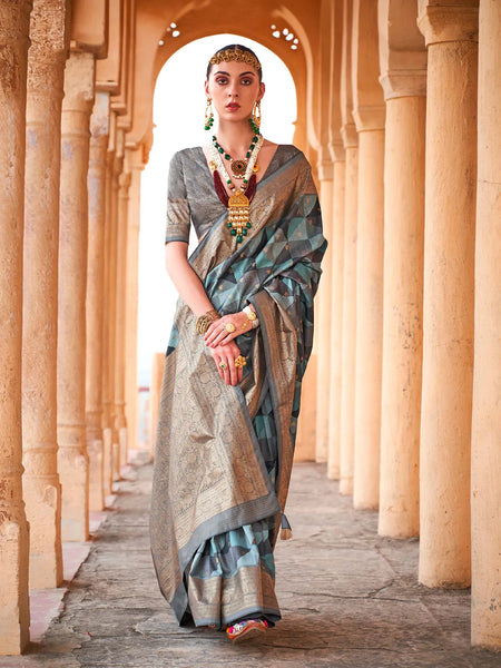 Glorious Sky Blue-Grey Viscose Silk Printed Saree - women's fashion mart