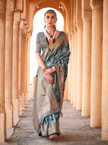Glorious Sky Blue-Grey Viscose Silk Printed Saree - women's fashion mart