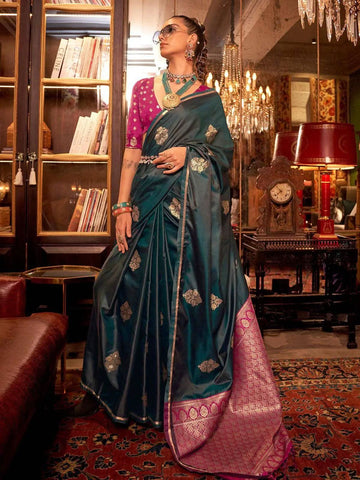 Dark Green Pure Satin Silk Saree -Saree Unstiched women's fashion mart