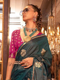 Dark Green Pure Satin Silk Saree -Saree Unstiched women's fashion mart