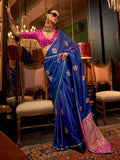 Navy Blue Pure Satin Silk Saree -Saree Unstiched women's fashion mart