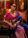 Navy Blue Pure Satin Silk Designer Saree - women's fashion mart