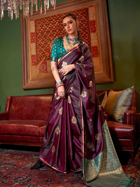 Wine Pure Satin Silk Designer Saree - women's fashion mart
