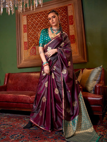 Wine Pure Satin Silk Designer Saree - women's fashion mart