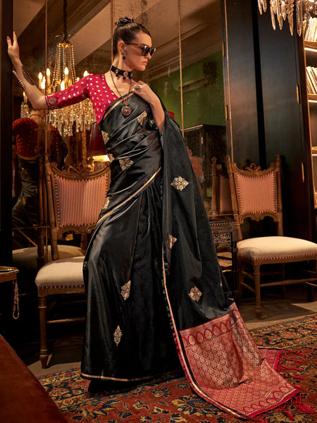 Trendy Black Pure Satin Silk Designer Saree - women's fashion mart