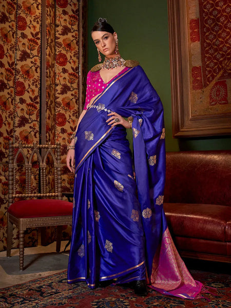 Dark Blue Pure Satin Silk Designer Saree - women's fashion mart