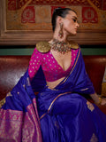 Dark Blue Pure Satin Silk Designer Saree - women's fashion mart