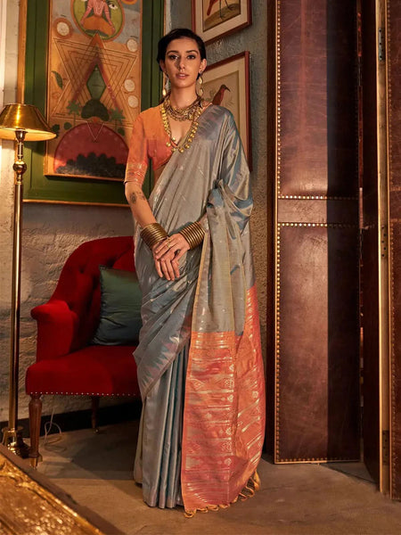 Fabulous Grey Tussar Silk Handloomed Saree - women's fashion mart
