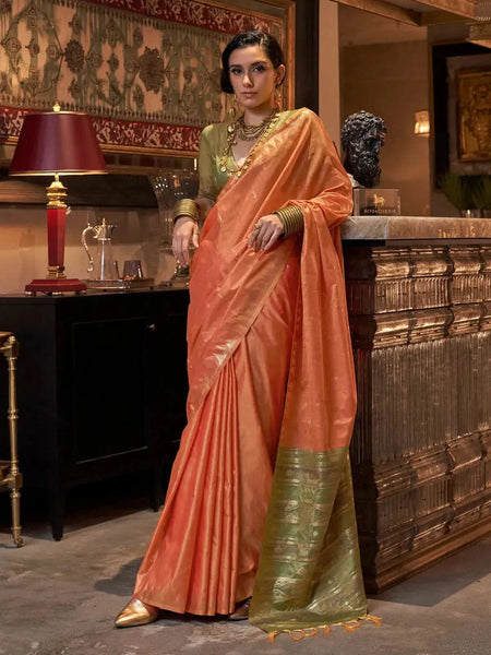 Pristine Peach Tussar Silk Handloomed Saree - women's fashion mart