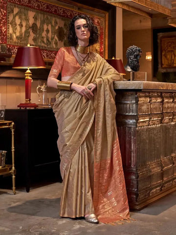 Glowing Golden Tussar Silk Handloomed Saree - women's fashion mart