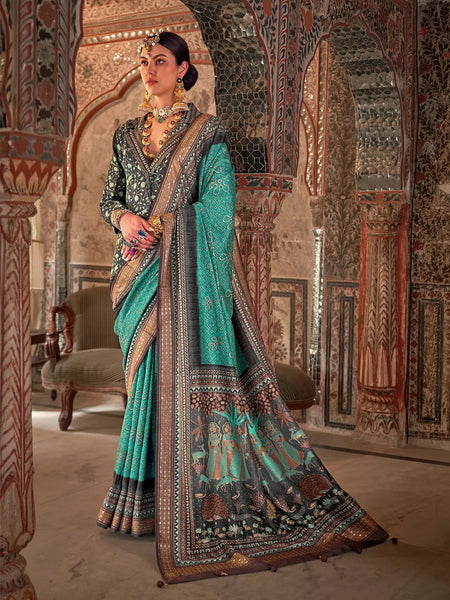 Elegant Aqua Green Designer Rajwadi Printed  Silk Saree - women's fashion mart