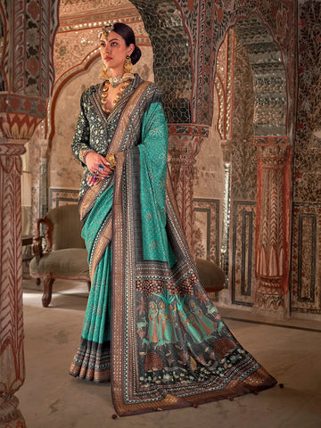 Elegant Aqua Green Designer Rajwadi Printed  Silk Saree - women's fashion mart
