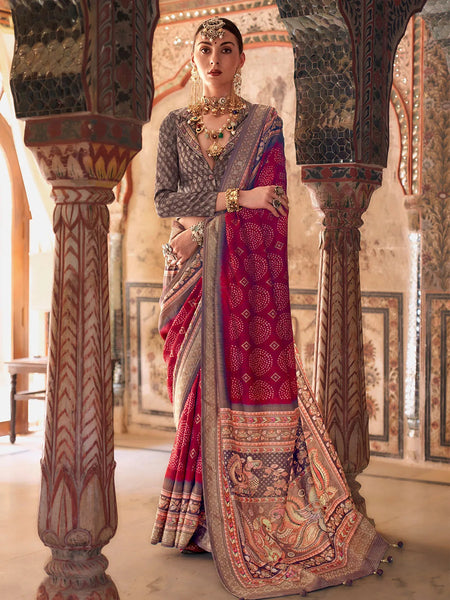 Marvelous Maroon Designer Rajwadi Printed  Silk Saree - women's fashion mart