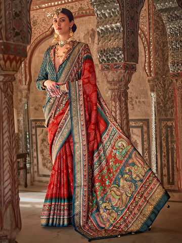 Ravishing Red Designer Rajwadi Printed  Silk Saree - women's fashion mart