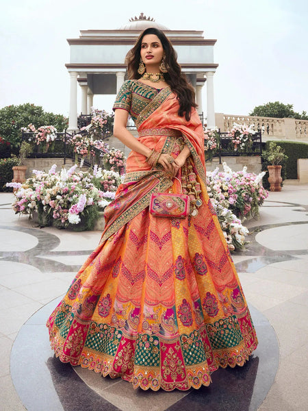 Elegant Embroidered Orange-Yellow Silk  Lehenga Choli Set - women's fashion mart