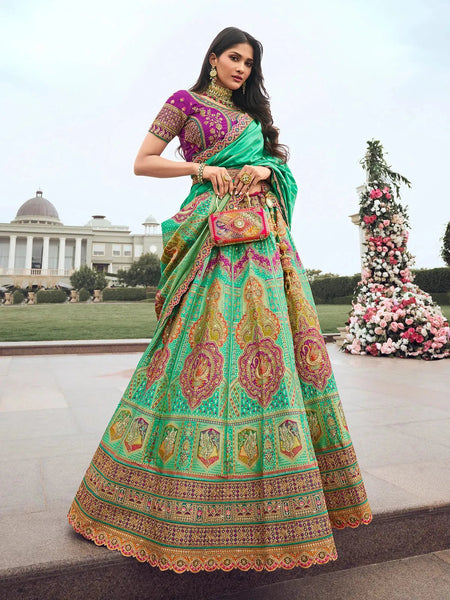 Elegant Embroidered Mint Green Silk  Lehenga Choli Set - women's fashion mart